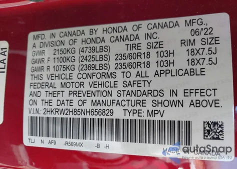 2022 Honda Cr-V Awd Ex-L z USA, uszkodzony, nr VIN 2HKRW2H85NH656829